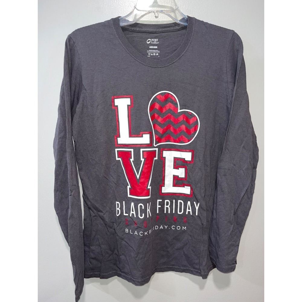 Port And Company Women's Long Sleeve T-Shirt Size Medium Dark Gray Love Black Fr